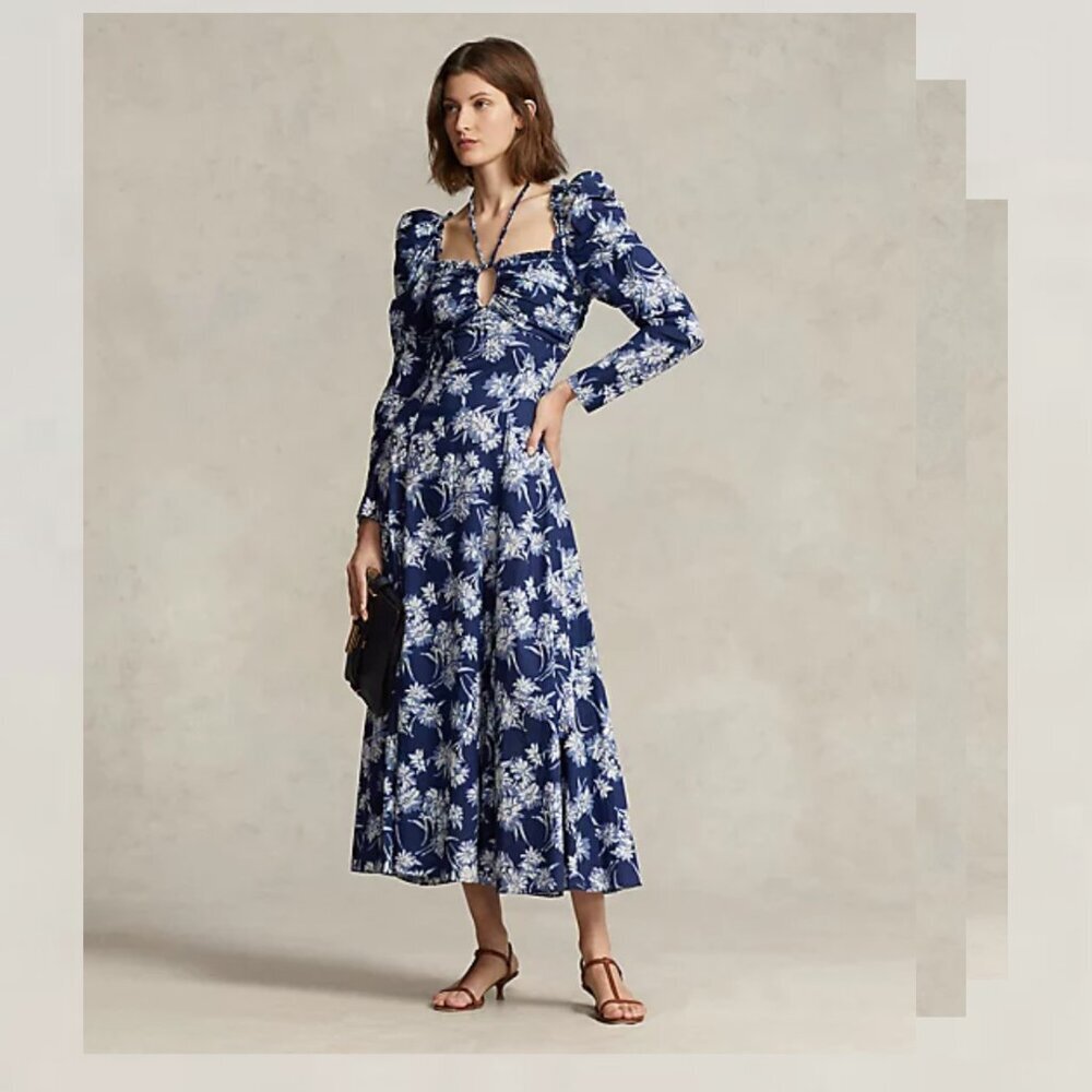 Ralph Lauren Blue Floral Cotton Halter Tie Puff Sleeve Dress NWT Size 14 Orig598